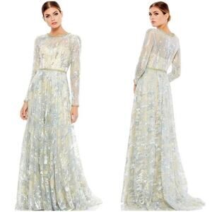 Mac Duggal Silver and Cream Maxi Dress